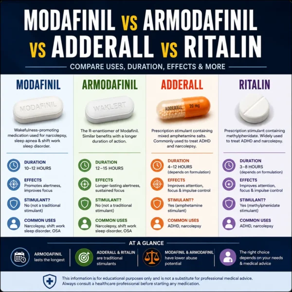 what is the difference and similarities between modafinil armodafinil ritalin and adderall